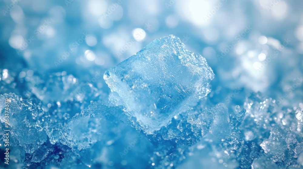 Ice cube closeup on blue icy winter background with copy space. Shallow depth of field. Toned. Ice cube closeup on blue icy winter background with copy space. Shallow depth of field. Toned.