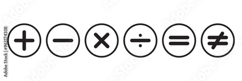 Plus, minus, multiply, divide, equal and hashtag sign icon design set. Calculation and Mathematical sign symbol icon. Addition, subtraction, multiplication, division, equal sign, icon symbol.