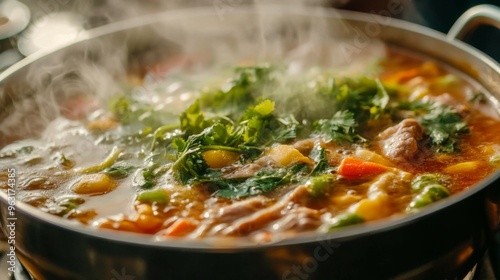 Detailed shot of a hot pot filled with vibrant vegetables, tender slices of meat, and aromatic herbs, captured with steam rising from the simmering broth.