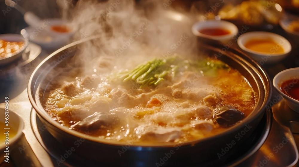 Detailed shot of a hot pot with various dipping sauces on the side, capturing the steam and sizzling ingredients as they cook in the pot. Detailed shot of a hot pot with various dipping sauces on the side, capturing the steam and sizzling ingredients as they cook in the pot.
