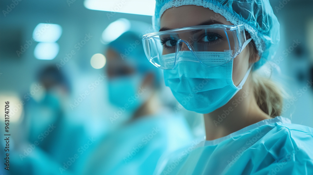 Focused Female Surgeon in Scrubs and Protective Gear in Operating Room Focused Female Surgeon in Scrubs and Protective Gear in Operating Room