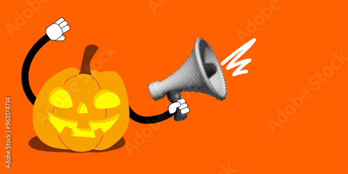 Halloween sale banner with pumpkin holding halftone loudspeaker. Modern collage with carved pumpkin and bullhorn. Happy Halloween Advertising and announcement banner