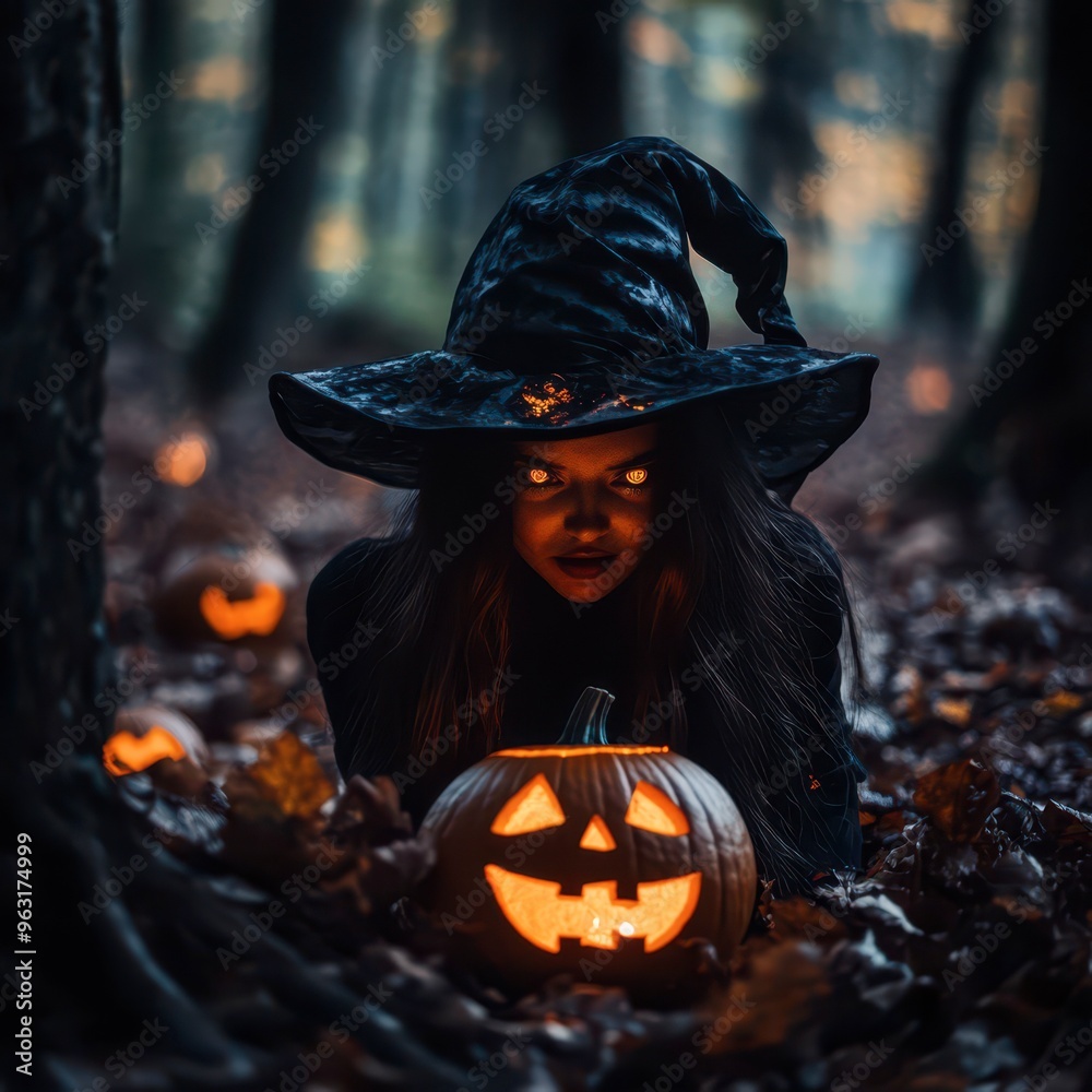 Witch in a forest at night with a carved pumpkin during Halloween Witch in a forest at night with a carved pumpkin during Halloween