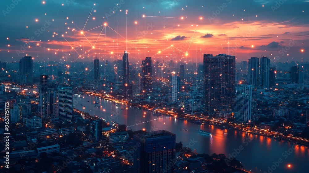 Fototapeta premium Wireless network and Connection technology concept with Abstract Bangkok city background : Generative AI