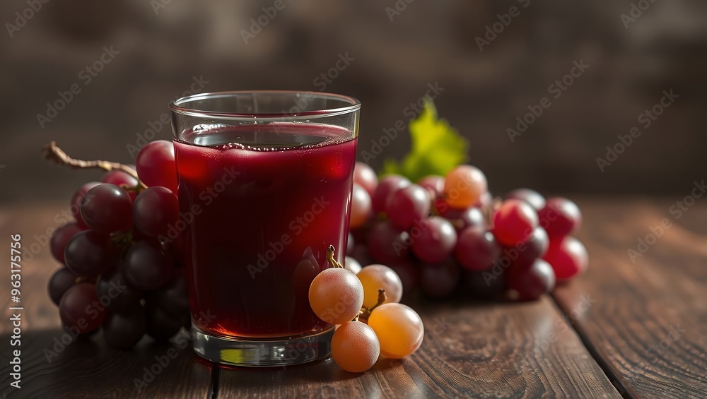 A glass of grape juice with grapes on a wooden table.