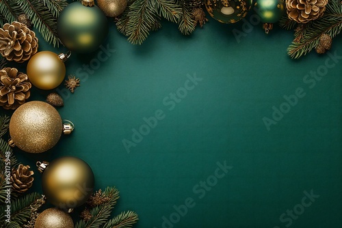 A beautiful Christmas greeting card mockup featuring golden ornaments, pinecones, and fir branches on a dark green background.  photo