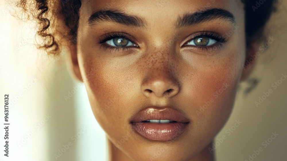 Detailed shot of a woman with a confident expression and clear skin, highlighting her striking facial features and sophisticated look.
