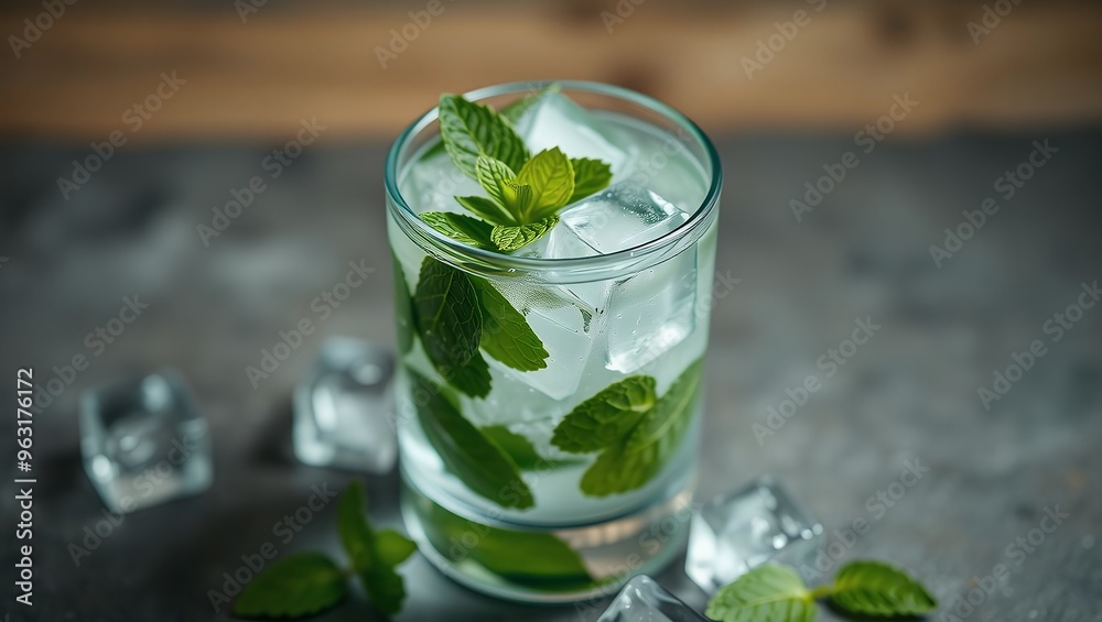 A glass of cucumber water with ice and mint on a green background and Water explosion background. A glass of cucumber water with ice and mint on a green background and Water explosion background.