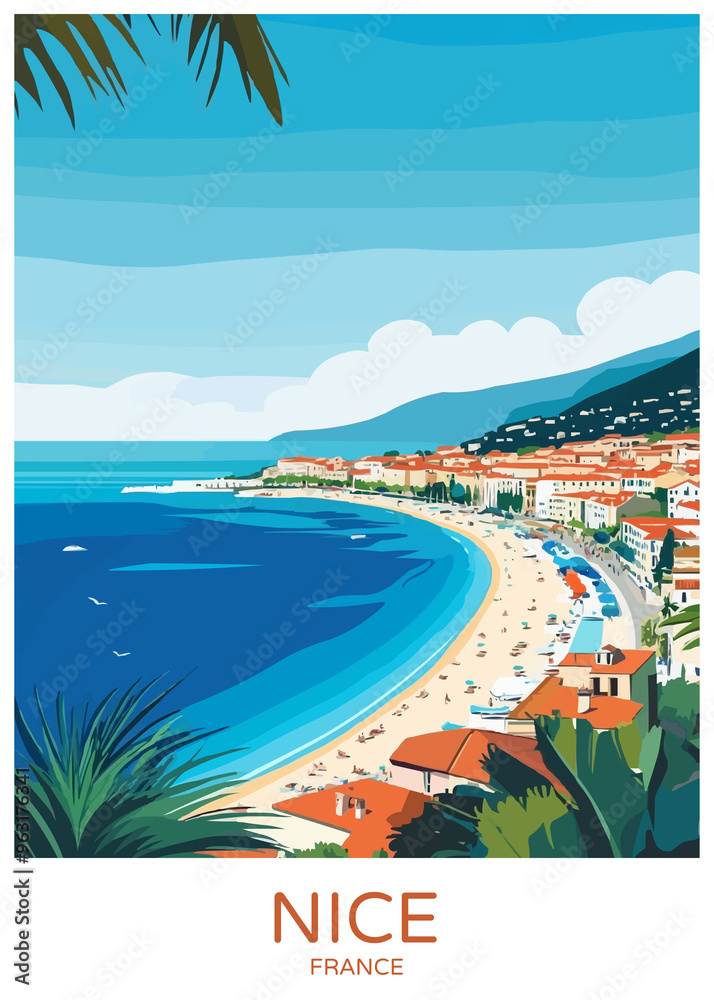 Nice France Poster Illustration Travel Print Decor Gift Paper Canvas Wall Retro Art