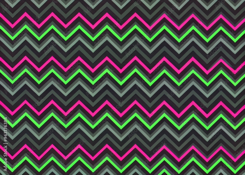 A futuristic illustration of zigzag lines in shades of neon pink and green, arranged in a mesmerizing repeating pattern that seemingly goes on forever, set against a dark grey background. A futuristic illustration of zigzag lines in shades of neon pink and green, arranged in a mesmerizing repeating pattern that seemingly goes on forever, set against a dark grey background.