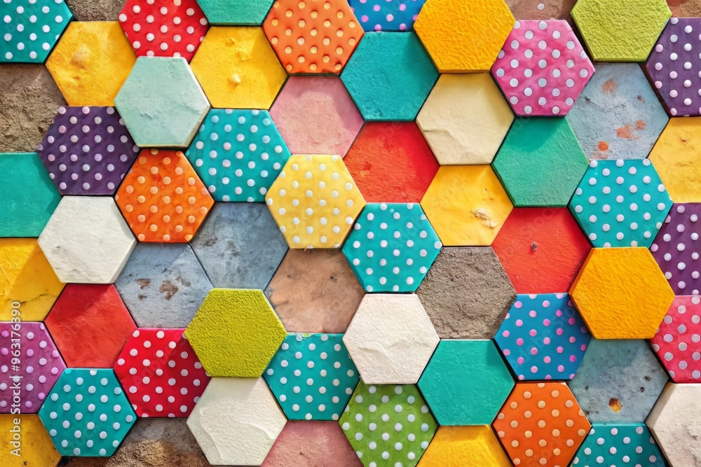 Φωτογραφία Delicate polka dots in varied sizes, layered over a kaleidoscope of colorful hexagons, on top of a textured concrete wall, with subtle shadows and a sense of depth