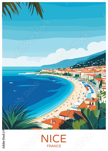 Obraz na płótnie Nice France Poster Illustration Travel Print Decor Gift Paper Canvas Wall Retro Art w salonie