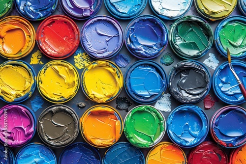 thick paint buckets with vibrant colors photo