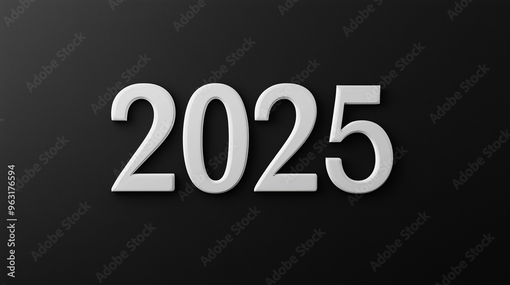 Minimalist white 2025 text on sleek black background with copy space, new year 2025 concept Minimalist white 2025 text on sleek black background with copy space, new year 2025 concept