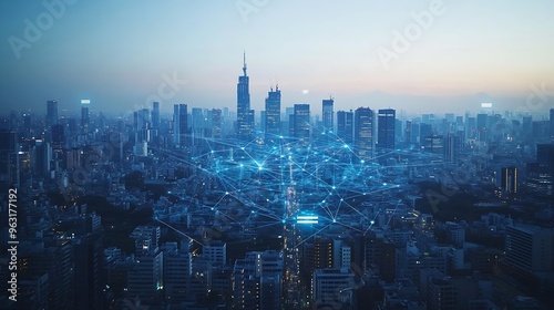 Modern city and wireless communication network concept Smart city Digital transformation Vertical visual for advertisements and banners : Generative AI photo