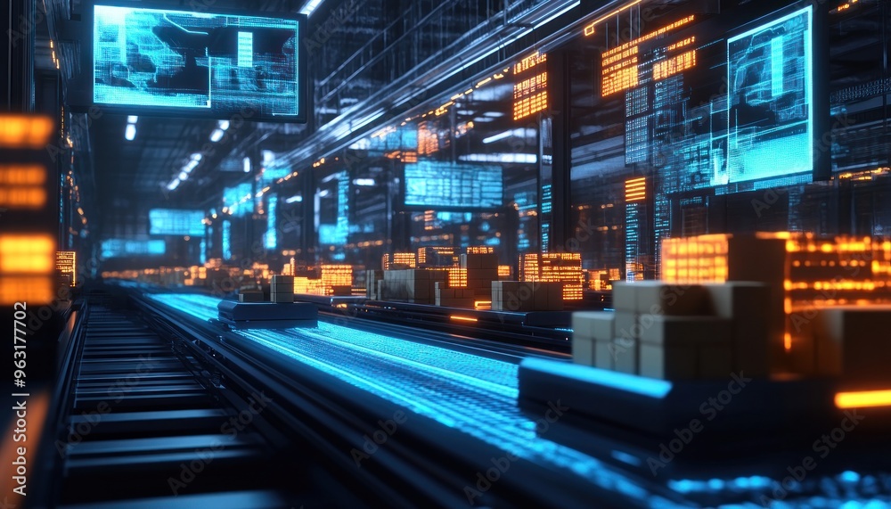 Futuristic Factory Interior with Automated Conveyor Belt System Futuristic Factory Interior with Automated Conveyor Belt System