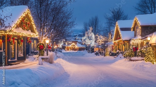Wallpaper Mural Snow-covered street with homes decorated with festive Christmas lights and wreaths. Torontodigital.ca