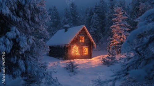 Winter cabin surrounded by snow, with a glowing Christmas tree visible through the window.