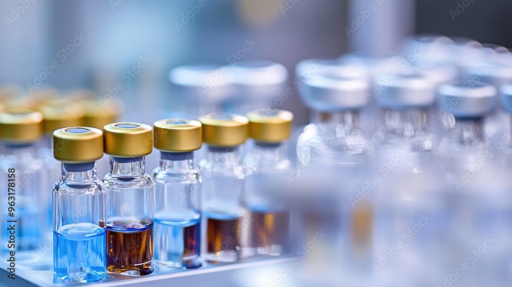 Close-up of medical vials and syringes prepared for vaccination in a sterile clinic setting. Close-up of medical vials and syringes prepared for vaccination in a sterile clinic setting.