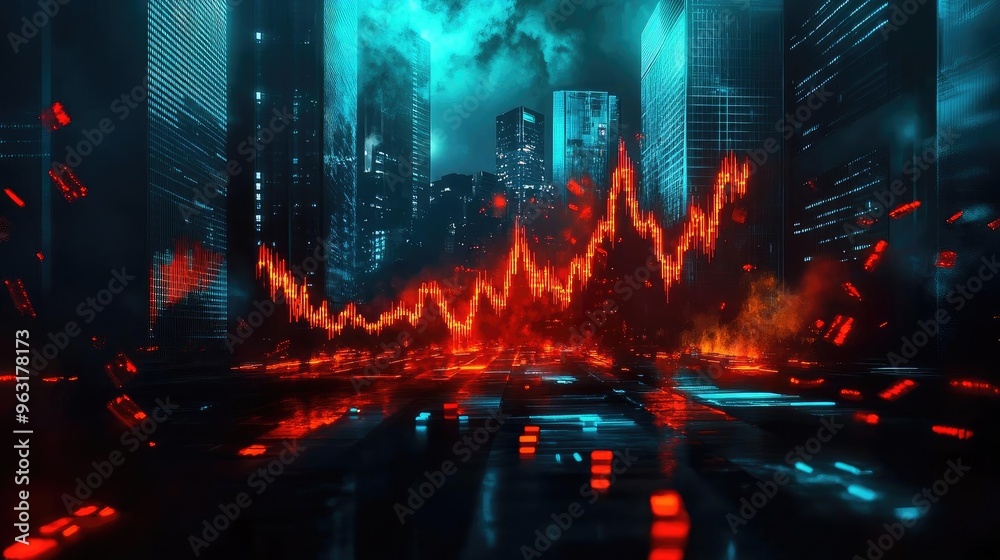 Naklejka premium A futuristic cityscape featuring a vibrant red and blue data visualization in a sleek, digital environment.