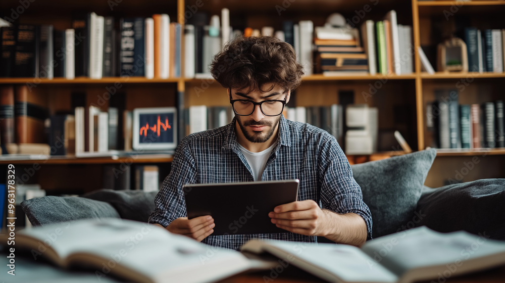Individual at home, casually dressed, learning about stock market trading on a tablet Individual at home, casually dressed, learning about stock market trading on a tablet
