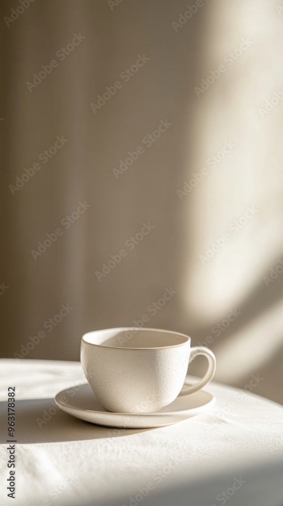 White ceramic cup on saucer with soft White ceramic cup on saucer with soft