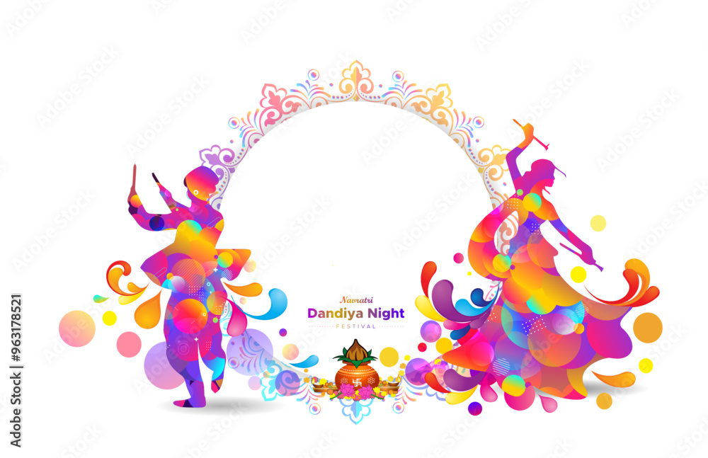Dandiya couple dance, navratri kalash sthapana, puja raas, garba dance, traditional ethnic vintage floral circular template design. Dandiya couple dance, navratri kalash sthapana, puja raas, garba dance, traditional ethnic vintage floral circular template design.