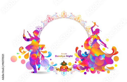 Dandiya couple dance, navratri kalash sthapana, puja raas, garba dance, traditional ethnic vintage floral circular template design.