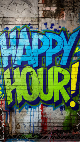 Vibrant "Happy Hour" graffiti artwork in bold blue and green letters on a gritty, urban brick wall, creating an edgy and dynamic street-style design perfect for promoting bar events and nightlife.