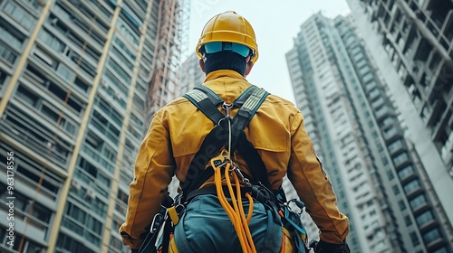 Asian male construction worker working at height on steel frame Wear safety gear and safety harness to work at high heights at the construction site : Generative AI