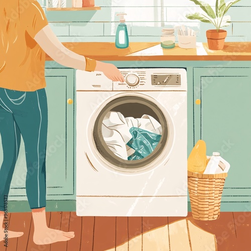A bright and detailed illustration of a person doing laundry in a modern, cozy home setting.