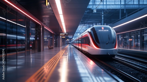 Detailed shot of an electric train station with a train waiting at the platform, capturing the contemporary architecture and the train modern design.