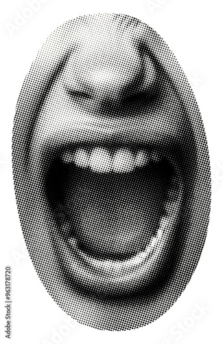 open screaming mouth isolated cut-out collage face part element retro halftone dotted effect