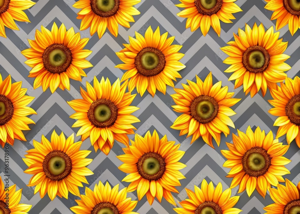 A bold and graphic pattern of sunflowers in bright yellow and orange, arranged in a repeating chevron design on a crisp gray background A bold and graphic pattern of sunflowers in bright yellow and orange, arranged in a repeating chevron design on a crisp gray background