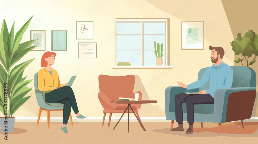Patient talking to a mental health professional in a calm, private counseling room. Patient talking to a mental health professional in a calm, private counseling room.