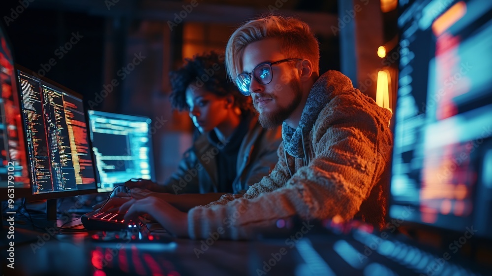 Obraz premium Team of programmers writing digital code in the metaverse and working together on the internet : Generative AI
