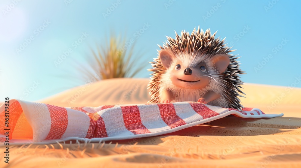 Fototapeta premium A cute hedgehog on a beach towel on the beach.