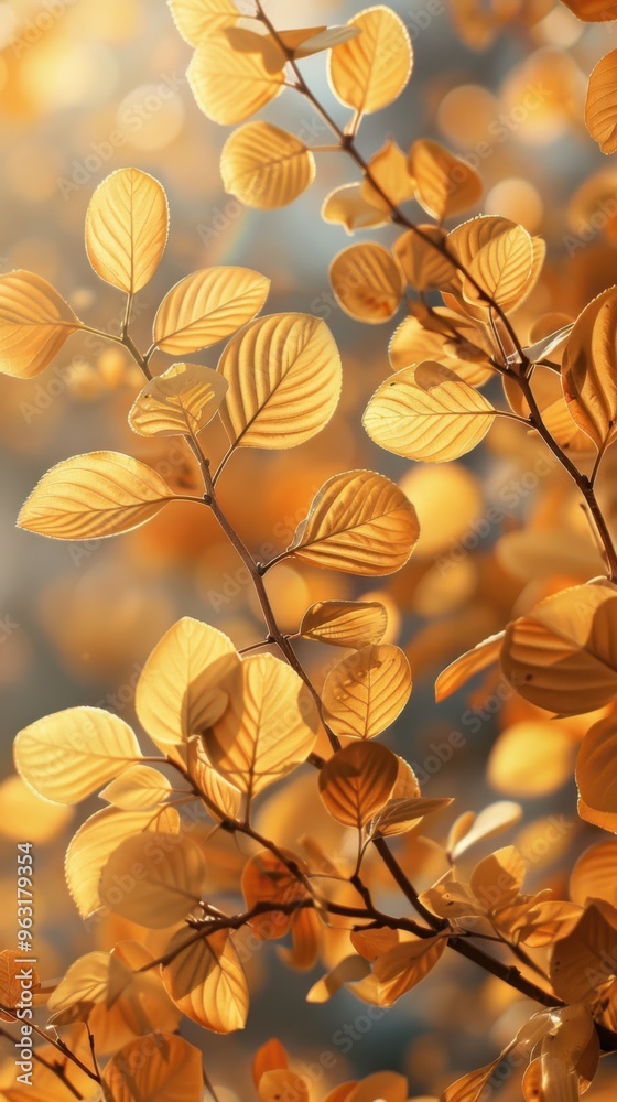 Autumn leaves on a branch with the sun behind them. Golden tree background vertical wallpaper with copy space Autumn leaves on a branch with the sun behind them. Golden tree background vertical wallpaper with copy space