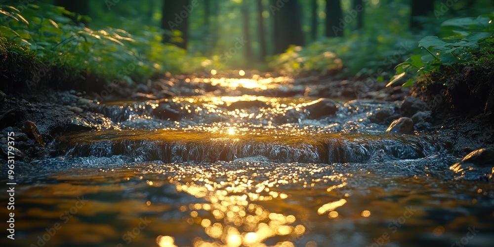 Golden Sunlight Reflecting on a Forest Stream