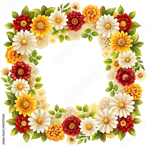 colorful flower border on white, perfect for text overlays and invitations