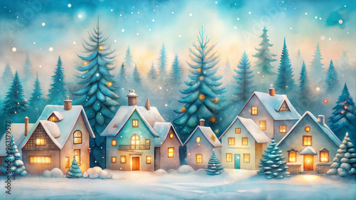 Winter village landscape with snowy houses and trees at sunset for holiday concept,Children's illustration,