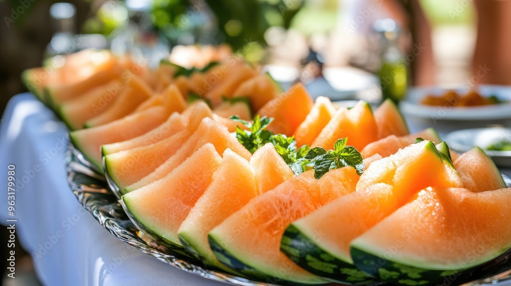 Fresh melon slices arranged neatly on a platter for a summer brunch outdoors. Fresh melon slices arranged neatly on a platter for a summer brunch outdoors.