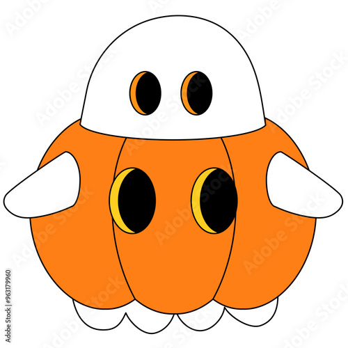 cute white ghost  wearing in halloween pumpkin with eye cartoon illustration 