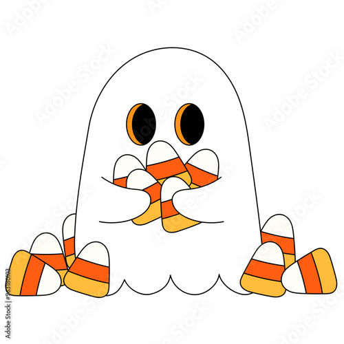 cute white ghost holding a lot of sugar corn candy cartoon illustration 