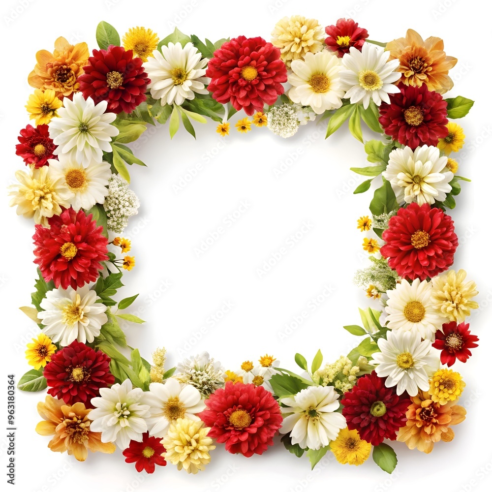 bright floral frame with red, yellow, and white blooms for text placement bright floral frame with red, yellow, and white blooms for text placement