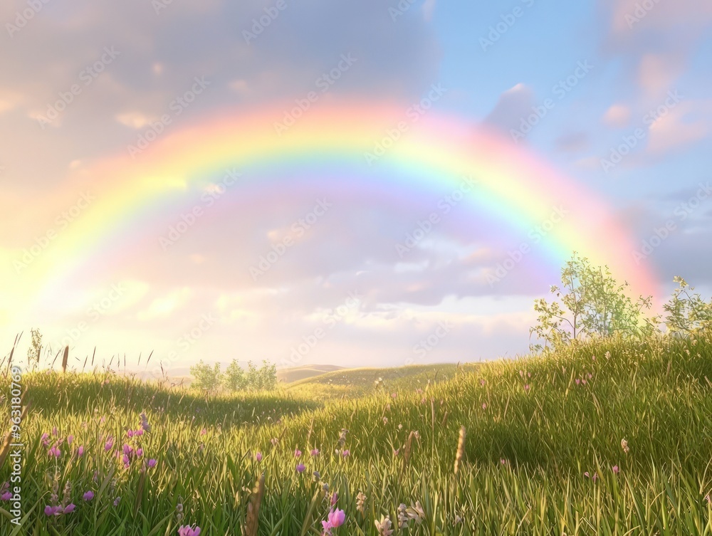 Naklejka premium Rainbow Over Grassy Field.