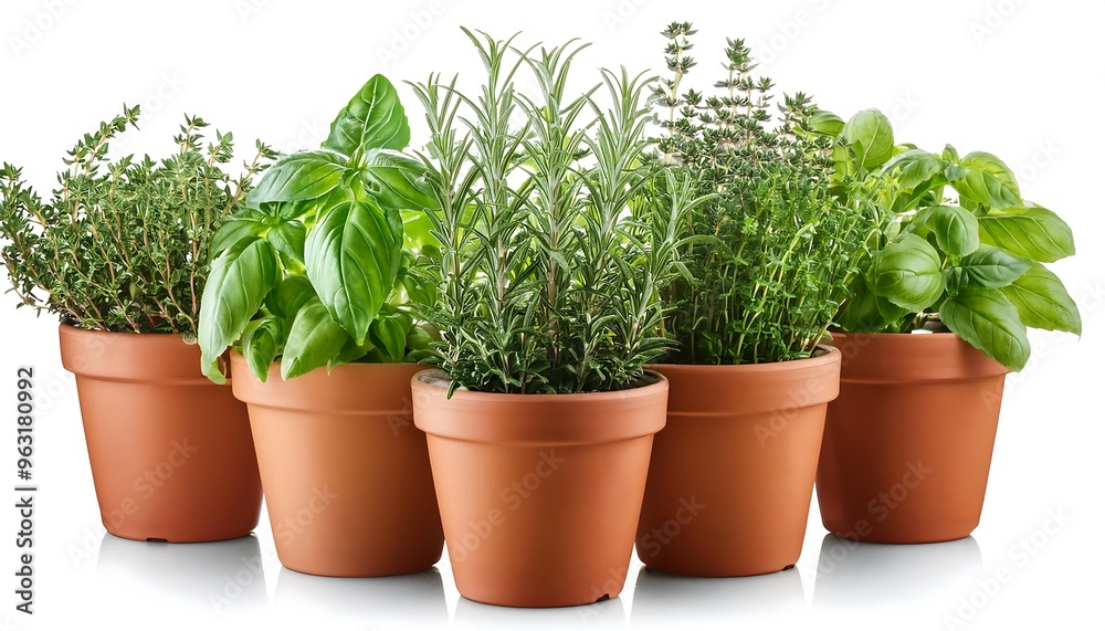 Clipping Path for Potted Herbs - Culinary herbs in pots cut out with full depth of field. Clipping Path for Potted Herbs - Culinary herbs in pots cut out with full depth of field.