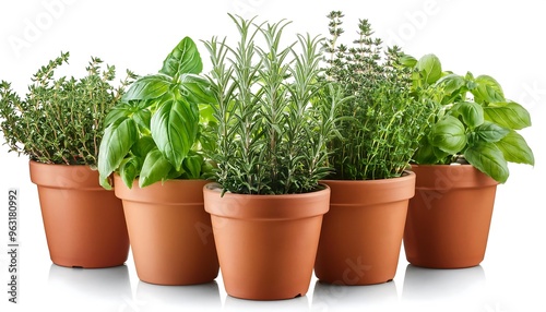 Clipping Path for Potted Herbs - Culinary herbs in pots cut out with full depth of field.