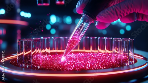 A vibrant laboratory scene featuring a pipette transferring bright liquid into test tubes, showcasing advanced scientific techniques. photo