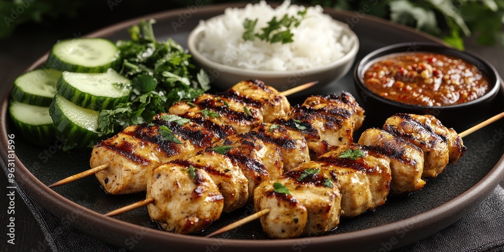 Grilled Chicken Skewers with Rice, Cucumber, and Spicy Sauce Grilled Chicken Skewers with Rice, Cucumber, and Spicy Sauce
